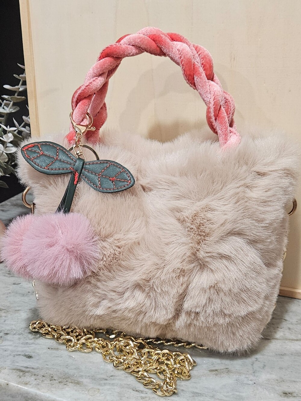 Fluffy Khaki Plush Handbag With Pom Pom Cherry Keychain NWOT